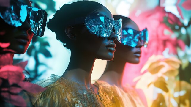 Three individuals adorned with oversized reflective eyewear stand against a vibrant, abstract backdrop.