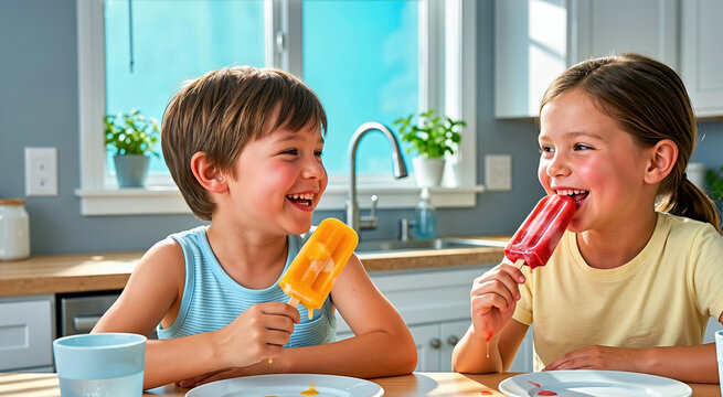 Cheerful children eating melting fruit popsicles at a kitchen table. Happy boy and girl enjoying cold frozen treats on a hot summer day. Childhood summer lifestyle concept