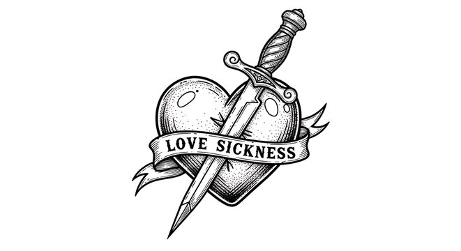 Heart and dagger tattoo illustration with love sickness banner