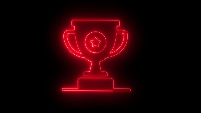 Glowing neon trophy animation, light winner cup symbol for success and achievement on Black Screen