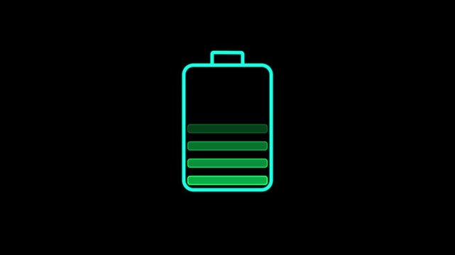 Neon battery fast charging animation, Glowing animated battery icon. Abstract sign of the neon battery charging on the black screen background.
