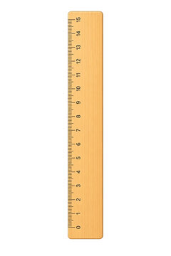 A wooden ruler with black markings stands vertically on a white background.
