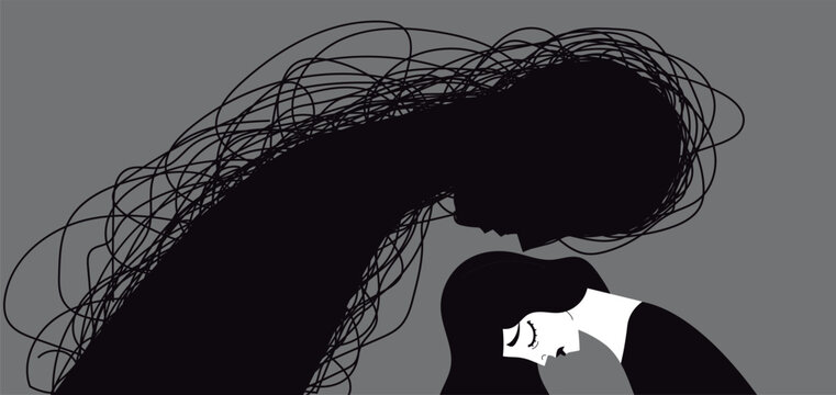 sad woman entangled by a tangled creature of depression