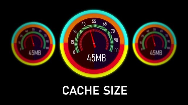 Dynamic digital cache size gauge interface animation featuring rising data metrics and circular progress indicators for high-performance computing, system optimization, and advanced network monitoring