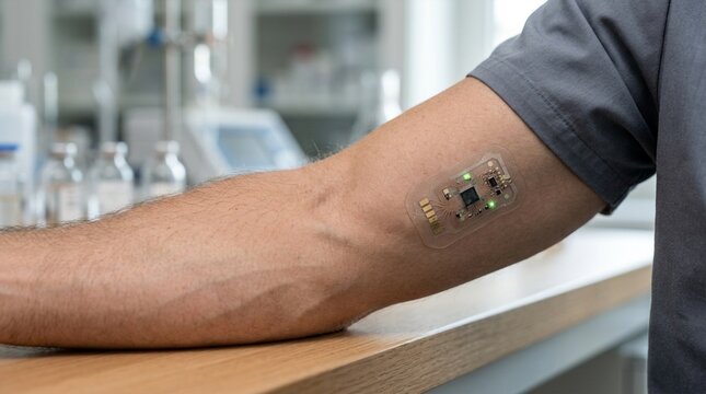 Wearable medical biosensor device attached to human arm for real-time health monitoring in a clinical laboratory setting