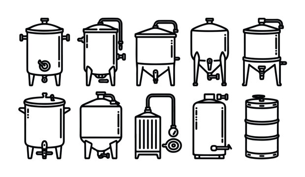 Set of vector outline icons of industrial brewing tanks and distillery equipment.