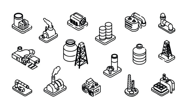 Industrial facilities and infrastructure like oil rigs and power plants.