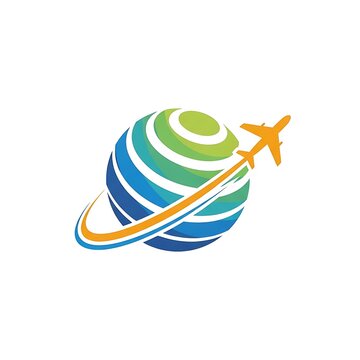 Global travel logo with airplane circling a stylized earth