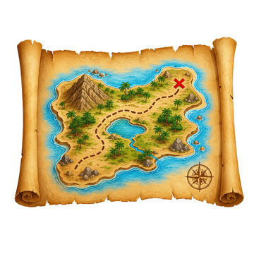An illustrated treasure map shows a scenic island with a volcano, trees, and a winding path leading to a red X marked on parchment.