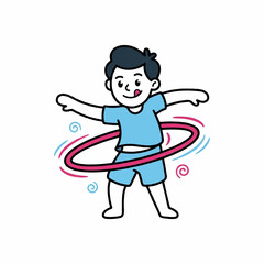 Fototapeta premium Active cartoon boy smiling while spinning a pink hula hoop around his waist, vector illustration isolated on white