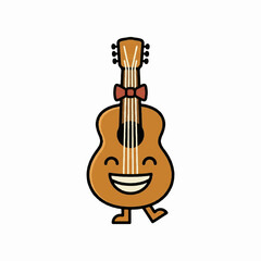 Fototapeta premium Cute cartoon acoustic guitar mascot character smiling and wearing a red bow tie, isolated on a white background