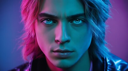 Obraz premium Portrait of a young man with intense blue eyes illuminated by vibrant neon pink and blue cyberpunk lighting