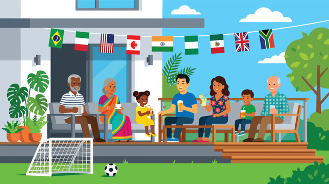 Diverse multi-generational family gathering on patio with international flags in vibrant flat vector for global sports event marketing