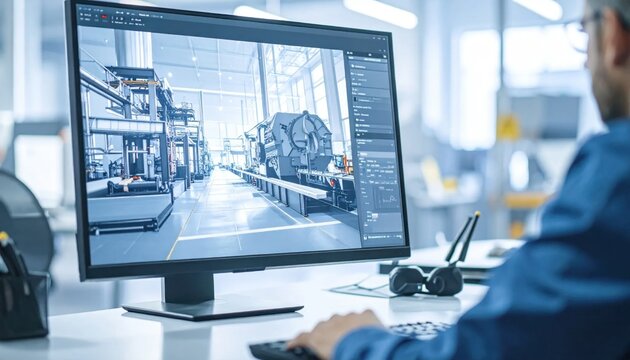 Engineer working on cad software displaying a factory layout, industrial engineering design, digital manufacturing, automation strategy, simulation technology