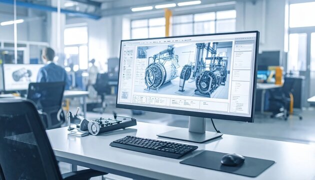 Engineer working on CAD design software on computer screen in industrial manufacturing office, engineering, technology, innovation, blueprints