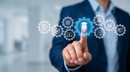 Fototapeta premium Digital learning ai e learning training concept hand touch icon gear. AI digital education technology innovation. online cyberspace e-learning, student cognition learning study training