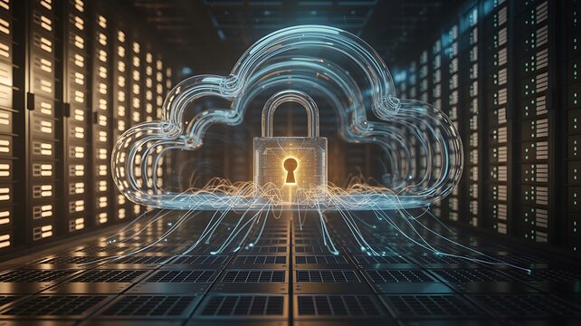 Secure cloud computing concept with a glowing padlock icon inside a data center server room environment
