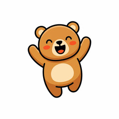 Obraz premium Cute cartoon brown teddy bear jumping and waving hands with a happy expression isolated on a white background