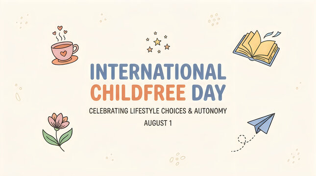 International childfree day illustration with coffee book and floral elements