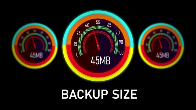 Dynamic digital data backup size progress indicator gauge animation featuring rising megabyte counters for cloud storage, server synchronization, file transfer, and system performance monitoring