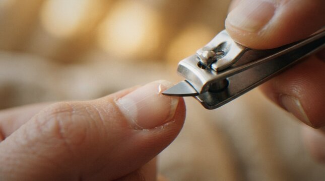 Close-up of a person carefully cutting a hangnail on their thumb with small stainless steel nail clippers.