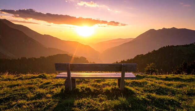 serene wooden bench overlooking mountain lake at sunset