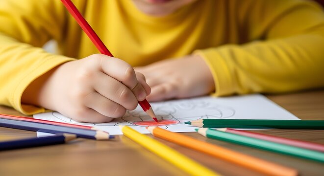 Closeup of a childs hands drawing with a red colored pencil on paper