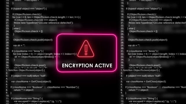 Cyber security warning notification featuring glowing pink neon encryption active text overlay and warning symbol against a background, of scrolling javascript, programming code for, digital data