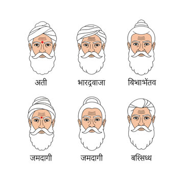 Illustrations of Rishi Panchami Sages in Traditional Attire and Headgear