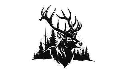 Fototapeta premium Stag deer head silhouette with pine forest background vector illustration