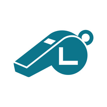 Isolated teal whistle icon with a white letter L on a circular seal, symbolizing leadership or a specific designation