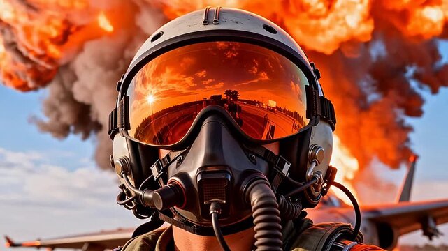 Pilot in helmet with explosion in background