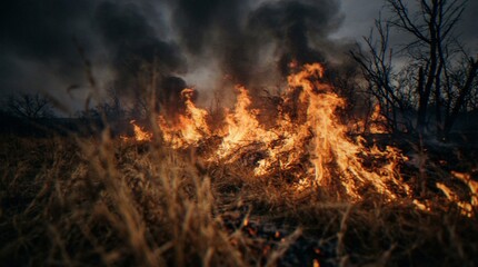 A dramatic landscape scene of a forest fire with bright orange flames consuming dry grass and dark thick smoke billowing into the sky. © Varos