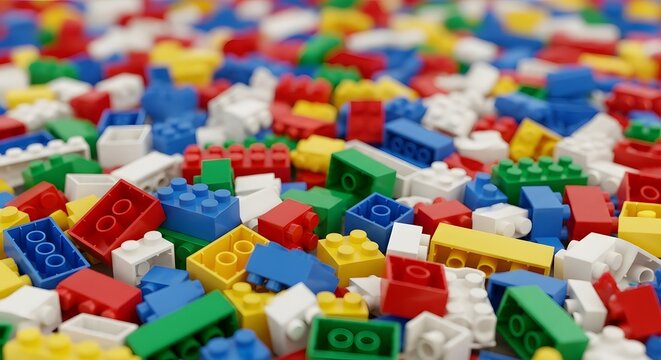 A vibrant and colorful collection of assorted plastic building blocks scattered across a surface