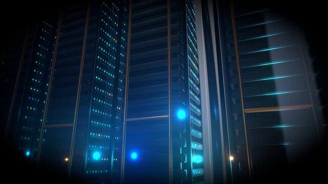 Wide tight locked macro focus highlighting a massive data center featuring a submerged industrial computing environment inside a intense glowing LED blade processors.