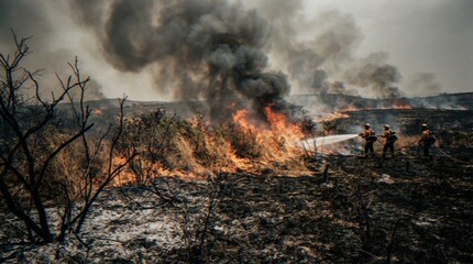 Three firefighters working together to extinguish a wildfire in a field, using hoses to spray water on the flames and smoke-filled landscape. © Varos