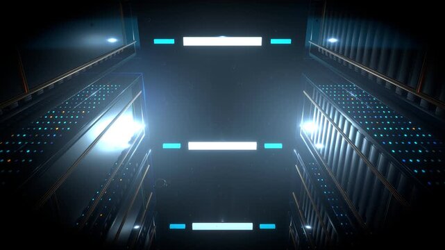 Wide commanding low angle static view revealing a massive data center featuring a submerged industrial computing environment inside a towering monolithic server racks.