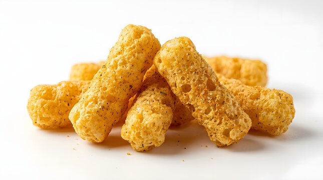 A close-up shot of a pile of golden, crunchy, cylindrical corn puff snacks, lightly seasoned, against a clean white background.