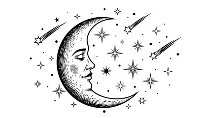 Vintage Hand Drawn Crescent Moon with Stars and Comets © kiki__