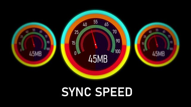 Dynamic sync speed data transfer visualization featuring animated circular gauges and increasing megabyte counters for high-speed internet connectivity, network bandwidth monitoring, and digital