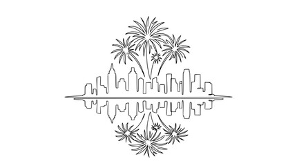 Cityscape Skyline Silhouette with Fireworks Reflection © Untung