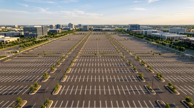 Massive empty parking lot at a corporate office park under blue sky