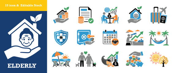 Fototapeta premium Senior retirement financial planning and elderly lifestyle vector icon set with home care.