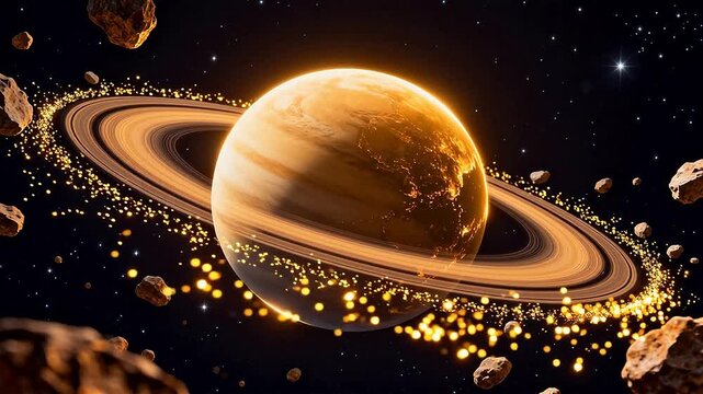 Planet with rings and asteroids in space