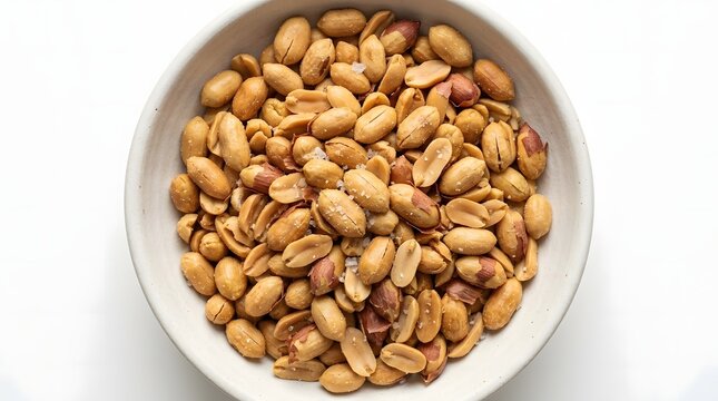 Top view of roasted salted peanuts in a white bowl isolated on white background.