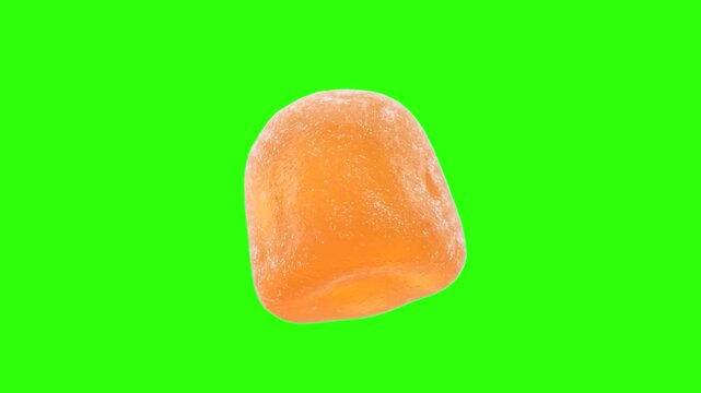 A soft orange gummy jelly candy drop isolated on a chroma key green screen background. Designed for confectionery brand promos, sweet food advertisements, gummy bear commercials, snack product marketi