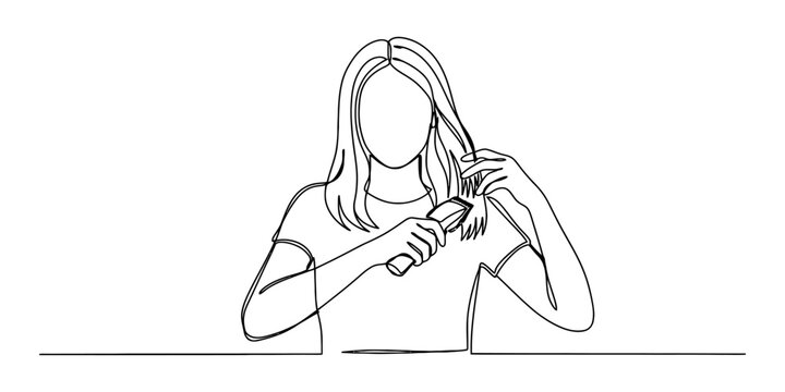 Continuous one line drawing of a young woman cutting her own hair with a trimmer at home