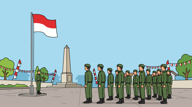 Indonesian military flag ceremony vector illustration, army soldiers standing in formation for national independence day, August 17th celebration banner template.