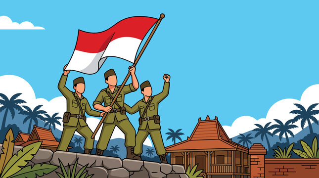 Indonesian independence day heroic veterans vector illustration, brave soldiers raising national red and white flag on rocky fortress, August 17th freedom day concept.