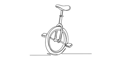 Continuous single line drawing of a unicycle with one wheel and pedals as a minimalist artistic illustration for circus or hobby design concept © DCB Line Stocker